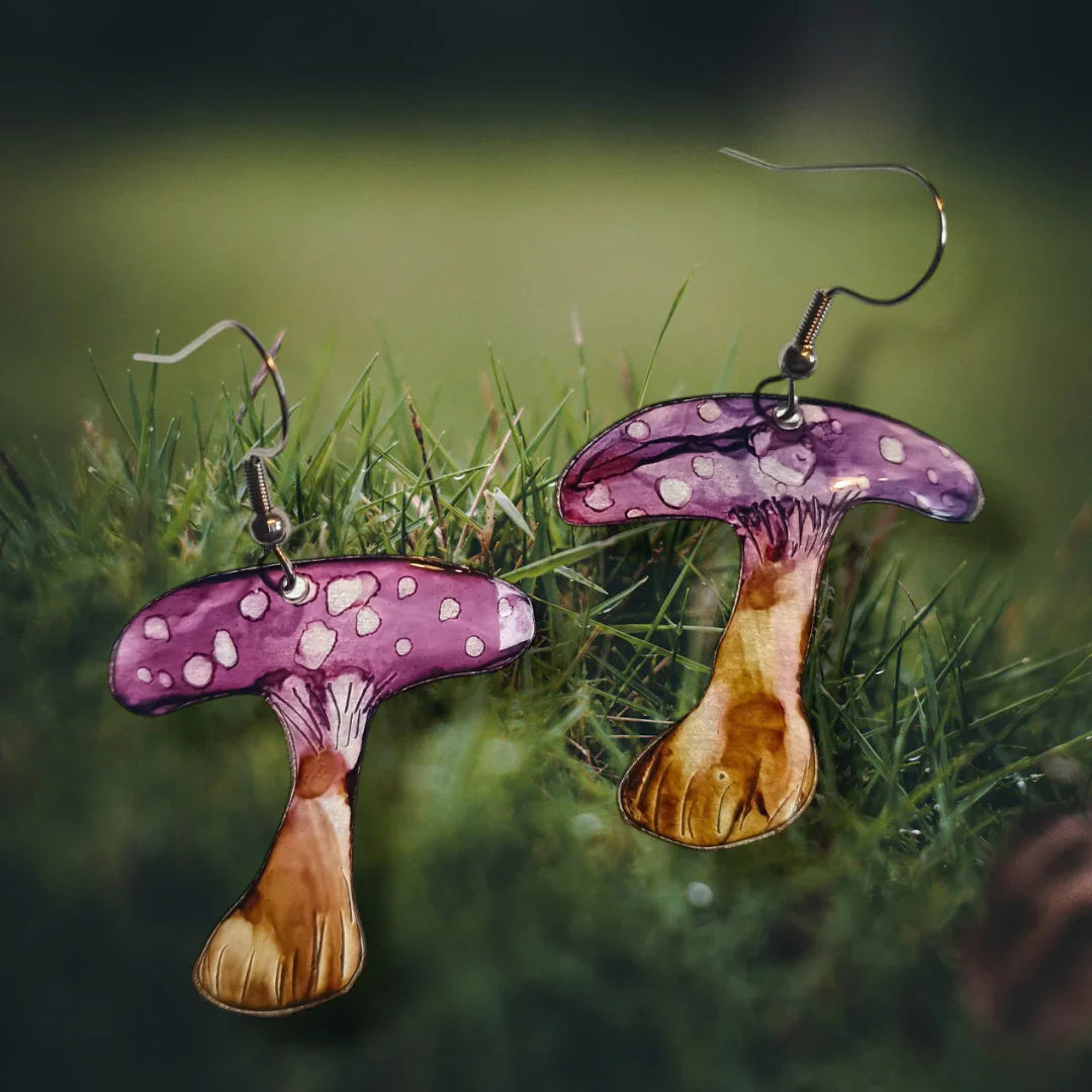 Boucles d’oreilles en plastique recyclé, en forme de champignon, marron et violet