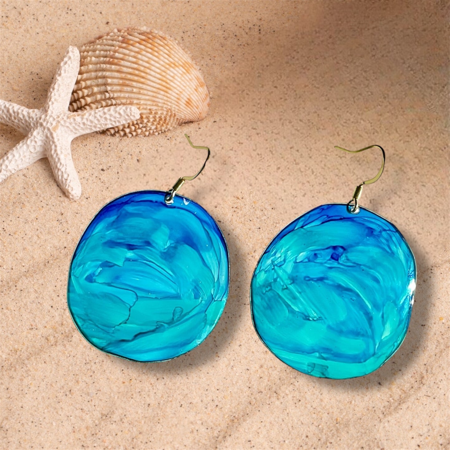 Boucles d’oreilles Moorea en plastique recyclé, rondes, bleues et turquoise, en plastique recyclé