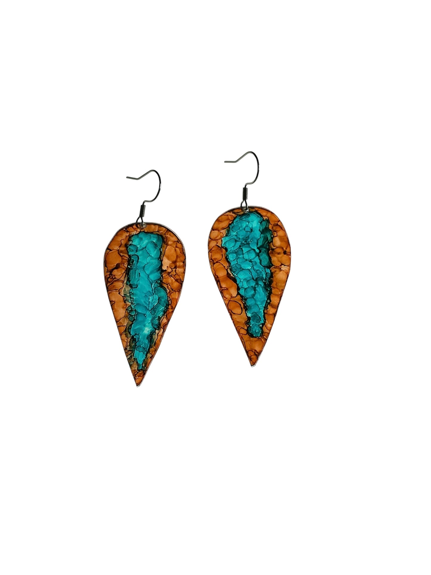 boucles d’oreilles upcyclees en forme de plumes, marron et turquoise
