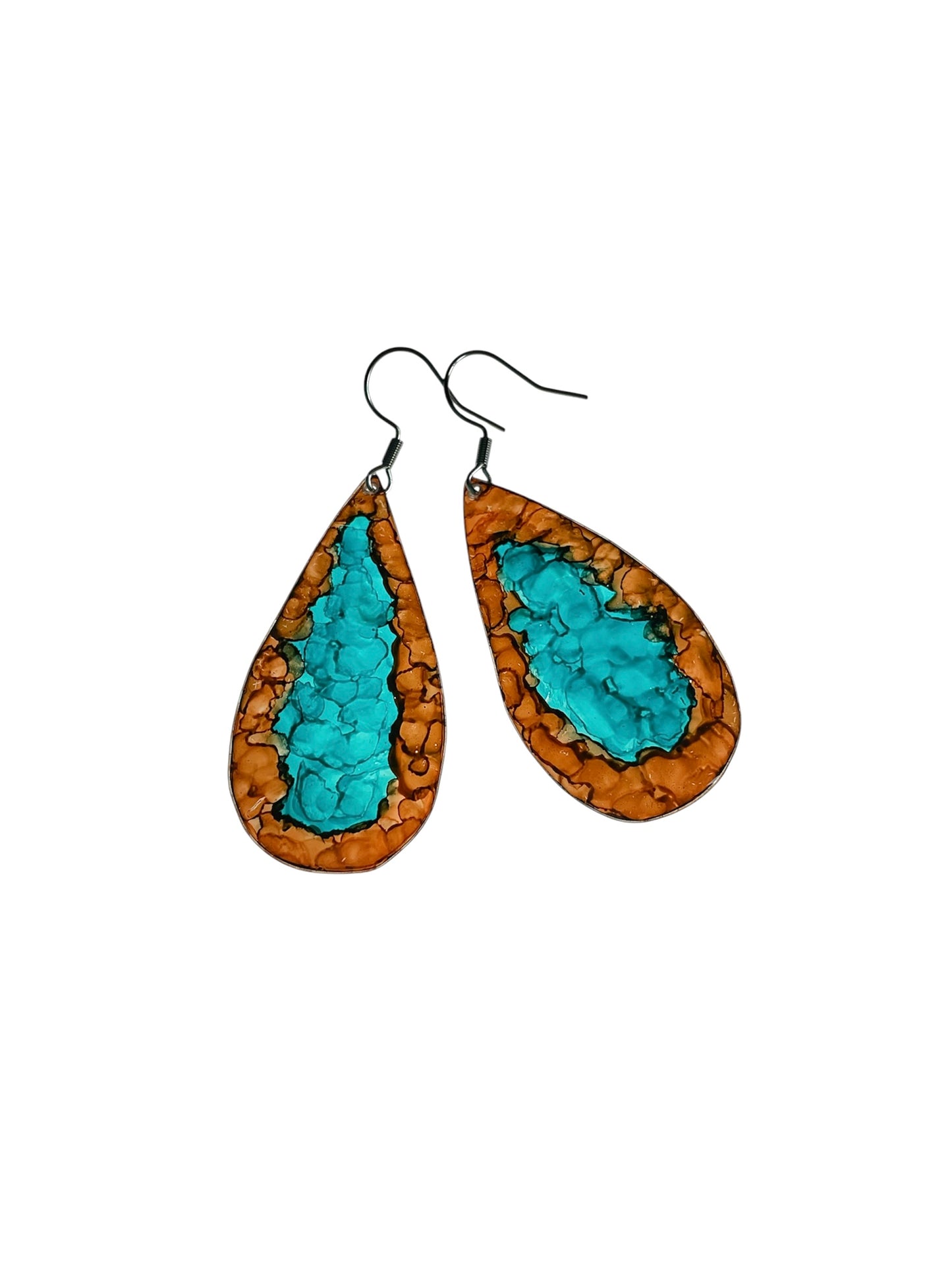boucles d’oreilles en forme de gouttes, translucides, marron et turquoise