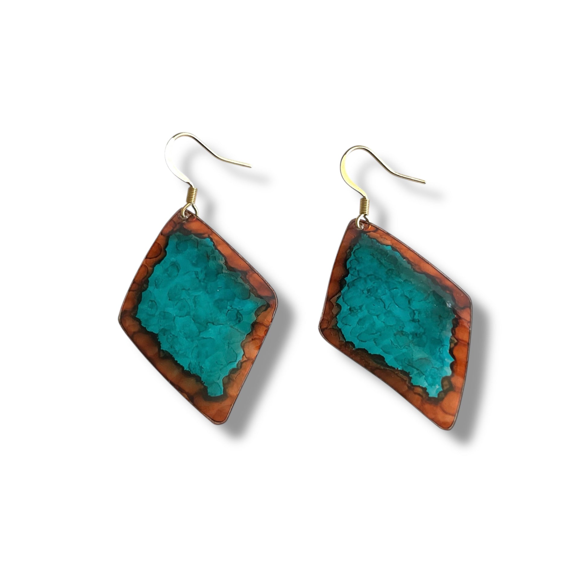 Boucles d oreilles upcyclees turquoises et marron, forme losange, très légères 