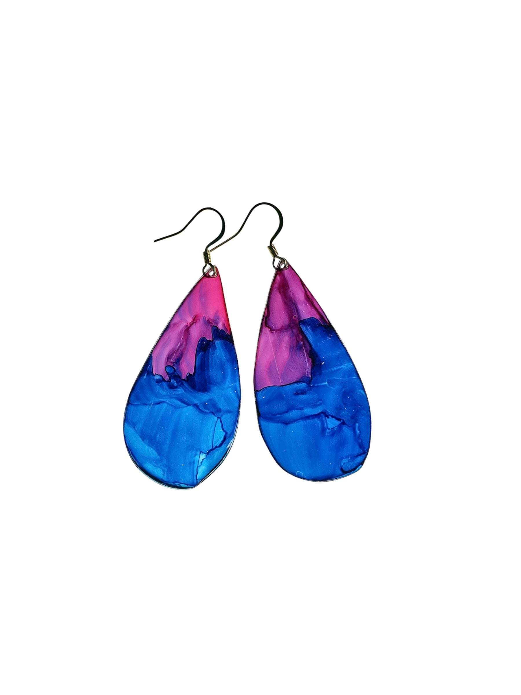 Boucles d’oreilles upcyclées, forme goutte, violet et bleu