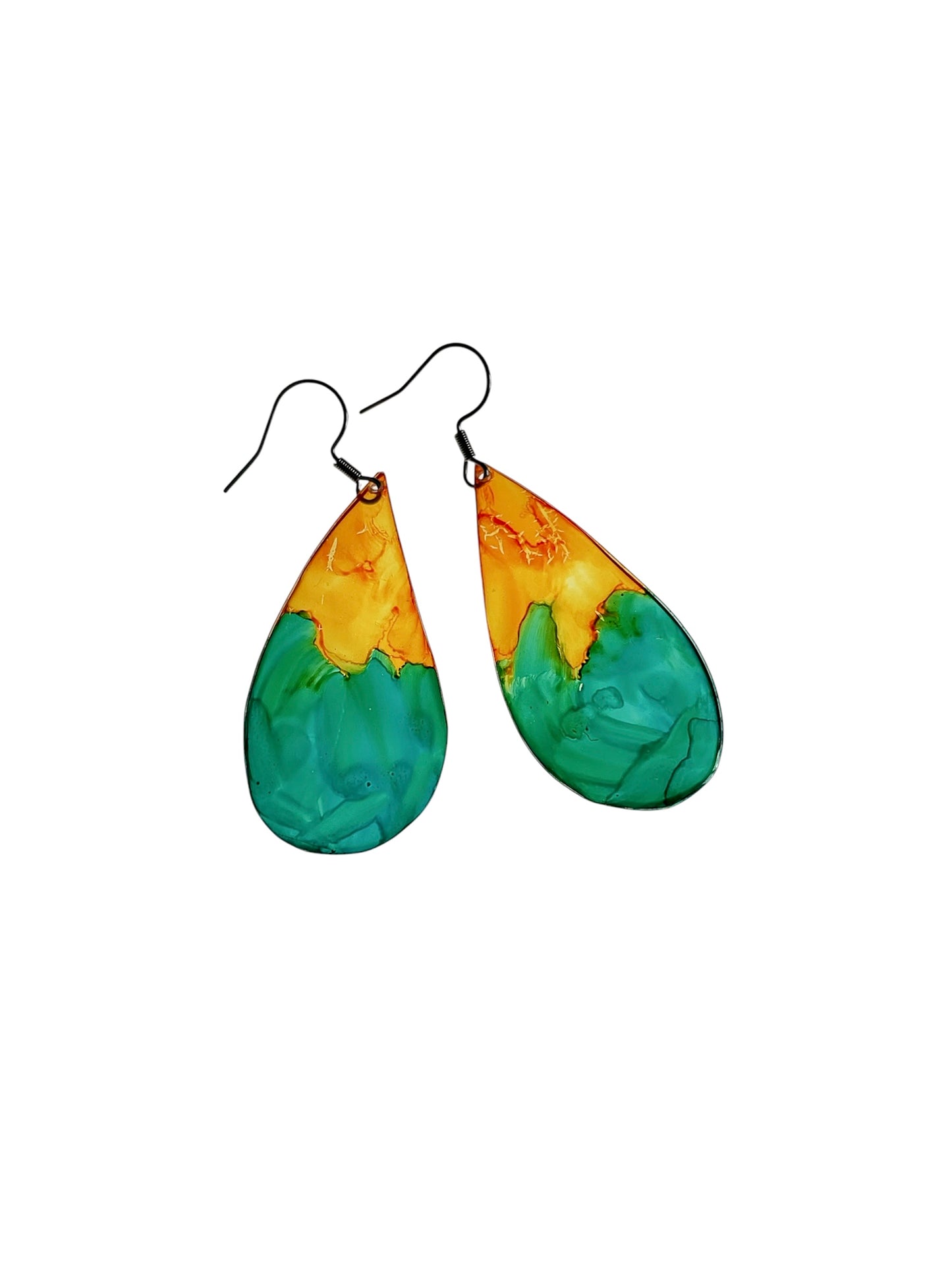 Boucles d’oreilles upcyclées, forme goutte, orange et turquoise