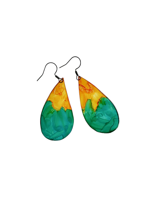 Boucles d’oreilles upcyclées, forme goutte, orange et turquoise