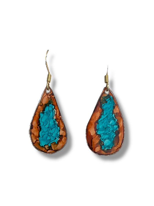 boucles oreilles en forme de goutte, marron et turquoise, en plastique recyclé