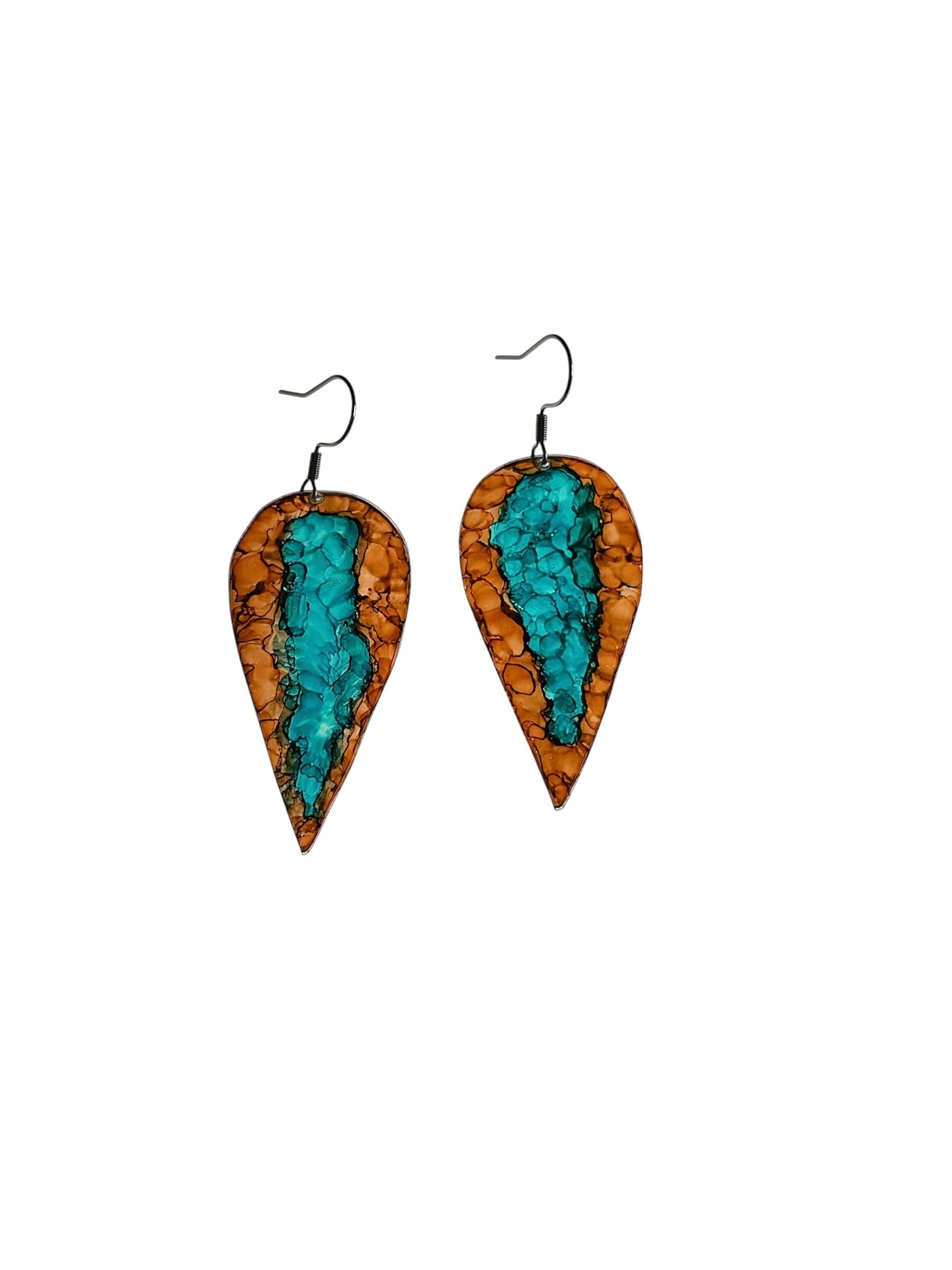 boucles d’oreilles upcyclees en forme de plumes, marron et turquoise