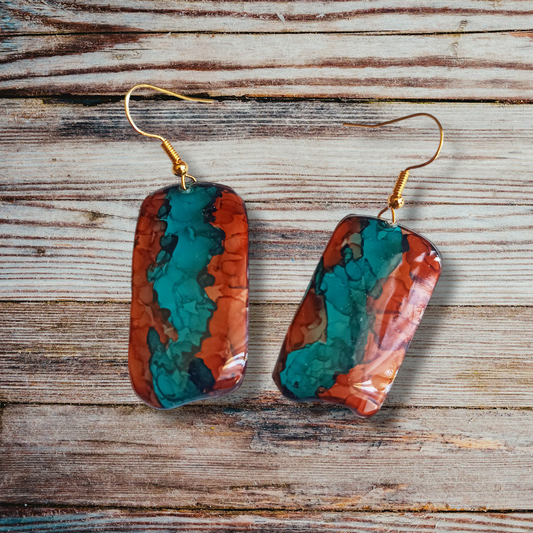 boucles d’oreilles en plastique recyclé, rectangulaire, turquoise et marron 